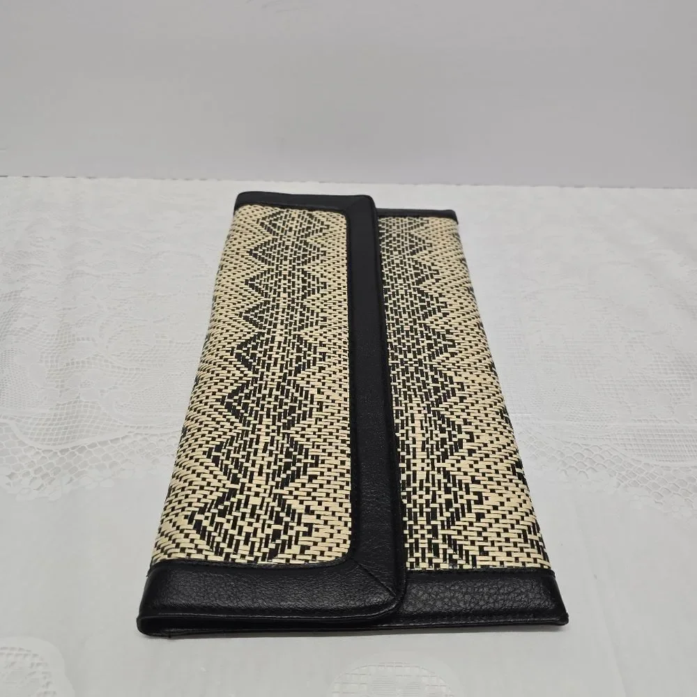 Banana Republic Chevron Straw Clutch Black Vegan Leather Trim Boho Chic NWT